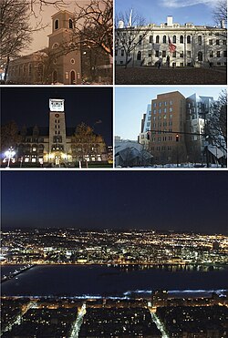 Sol yukarıdan saat yönünde: Christ Kilisesi, Harvard Üniversitesi University Hall, MIT Ray ve Maria Stata Merkezi, Charles nehri ve Cambridge'in gece görüntüsü ve Cambridge City Hall.
